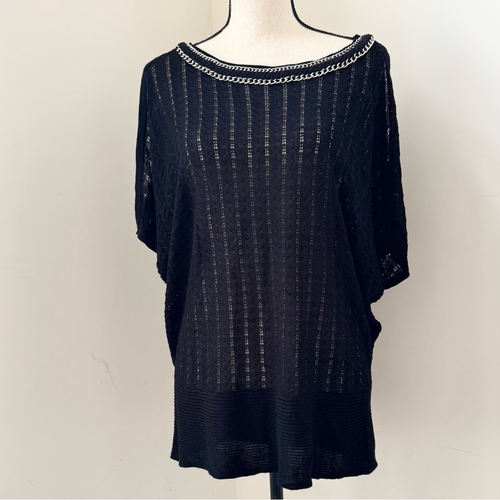 Cache Loose Knit Womens Top XL Black Chain Trimmed Open Sleeve Edgy Witchy Boho